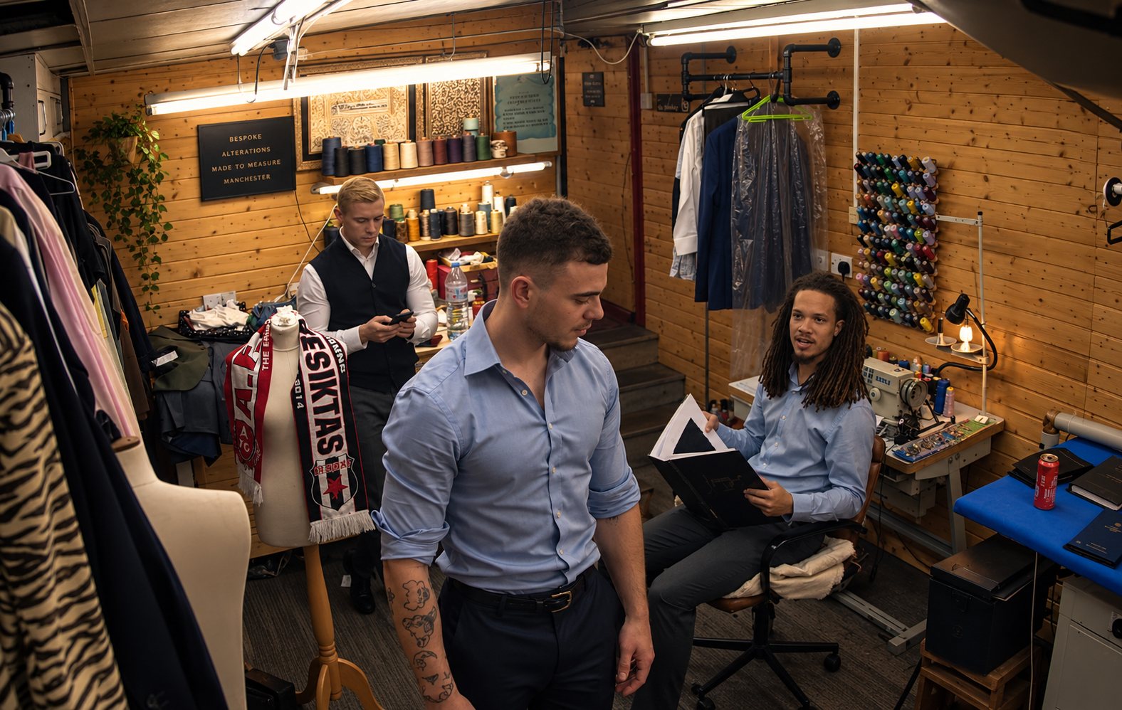 Guests being shown fabric books during a Fix2Fit Tailoring Night in Manchester